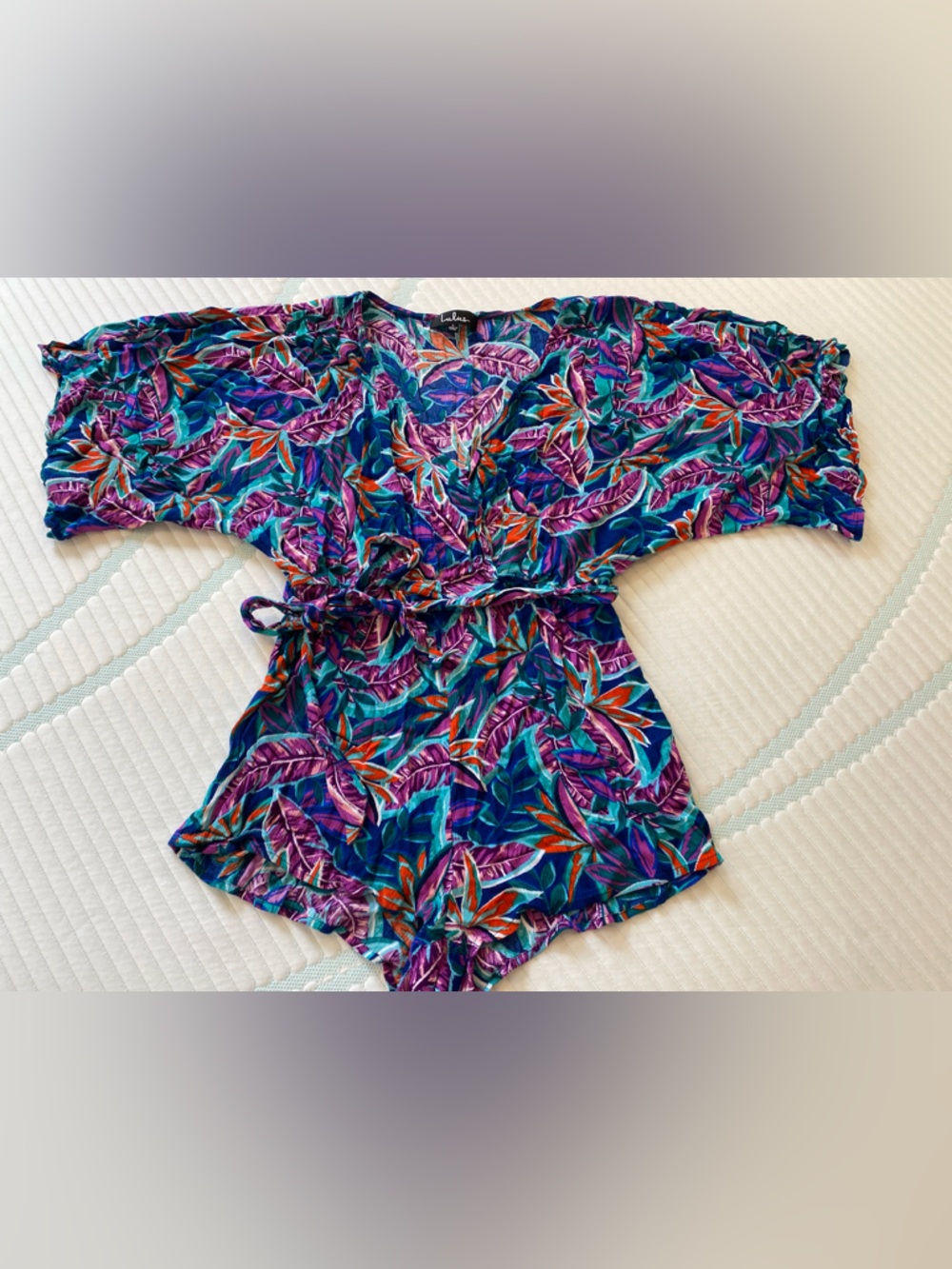 Lulu's Tropical Leaf Print V-Neck Romper in Purple, Teal & Orange